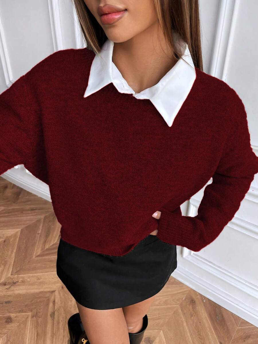 Women's Crew Neck Ribbed Knit Sweater, Fitted Pullover for Fall Winter - Coffee Brown
