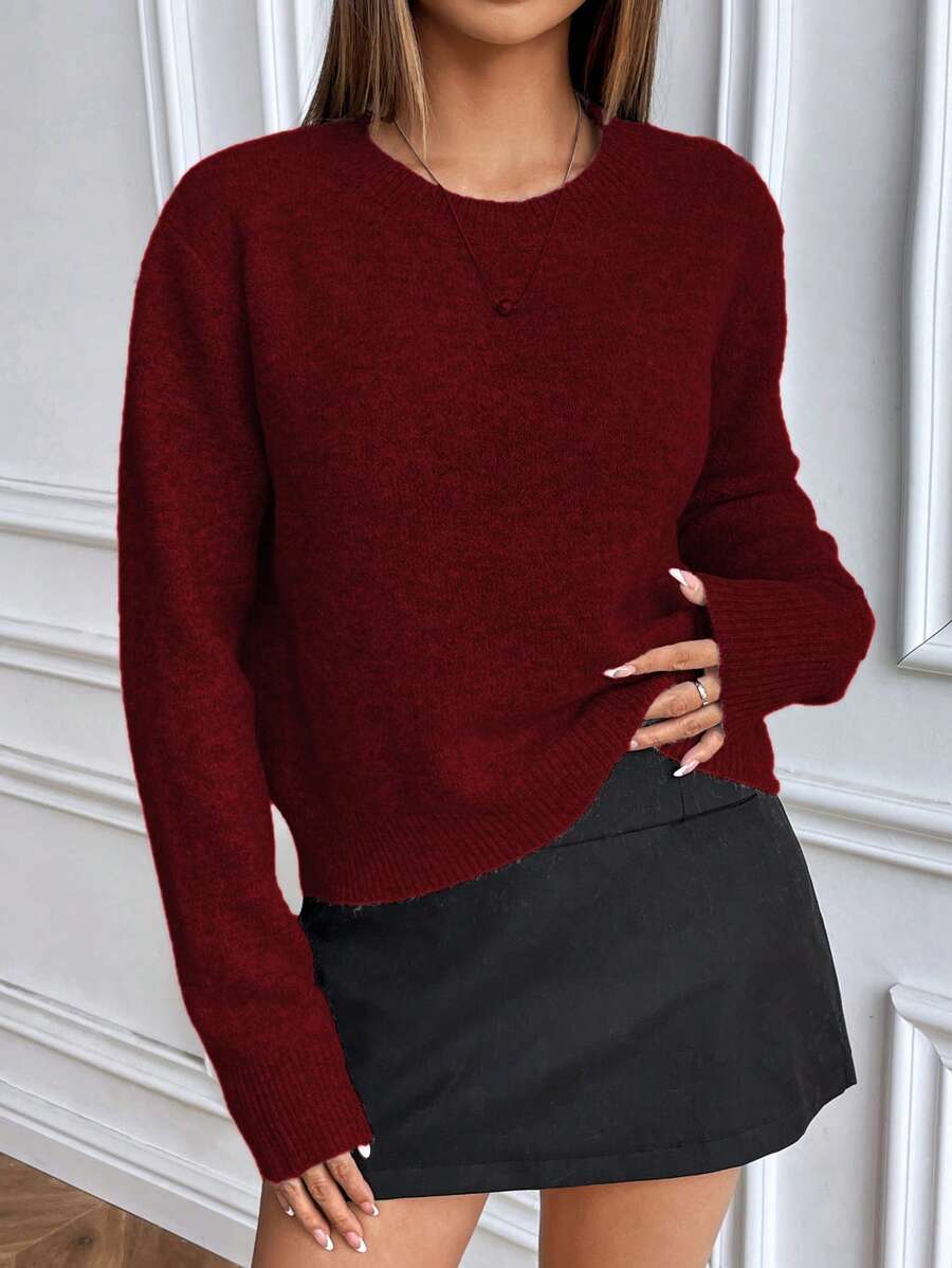 Women's Crew Neck Ribbed Knit Sweater, Fitted Pullover for Fall Winter - Navy Blue