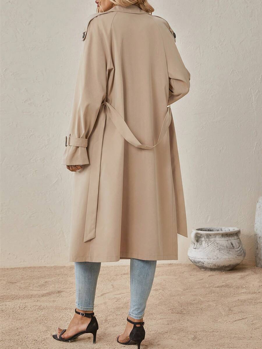 Delia Belted Double Breasted Trench Coat with Raglan Sleeves - Camel