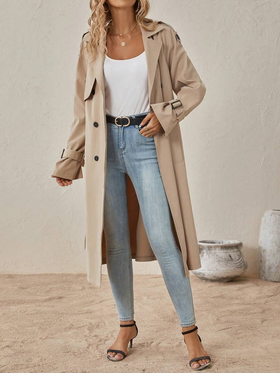 Delia Belted Double Breasted Trench Coat with Raglan Sleeves - Camel