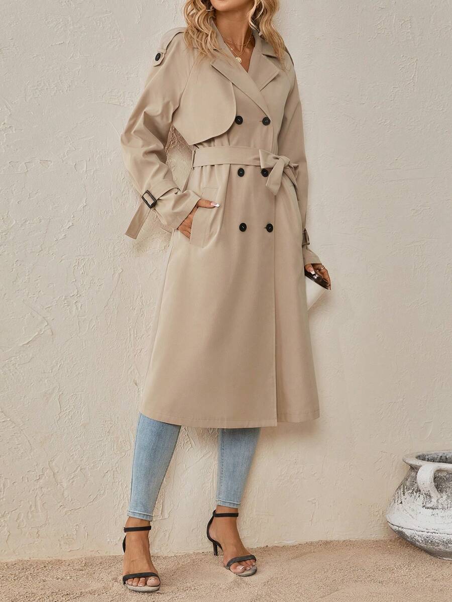 Delia Belted Double Breasted Trench Coat with Raglan Sleeves - Camel