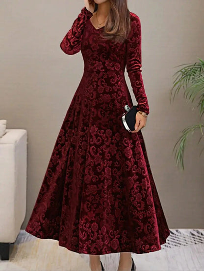 Istanbul Floral Velvet Square Neck A Line Midi Dress - Burgundy
