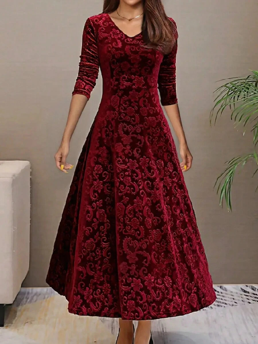 Istanbul Floral Velvet Square Neck A Line Midi Dress
