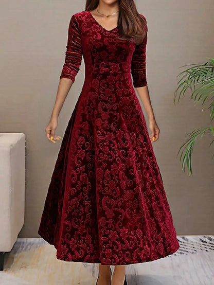 Istanbul Floral Velvet Square Neck A Line Midi Dress