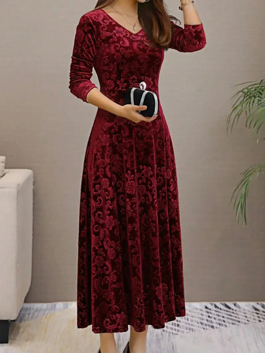 Istanbul Floral Velvet Square Neck A Line Midi Dress