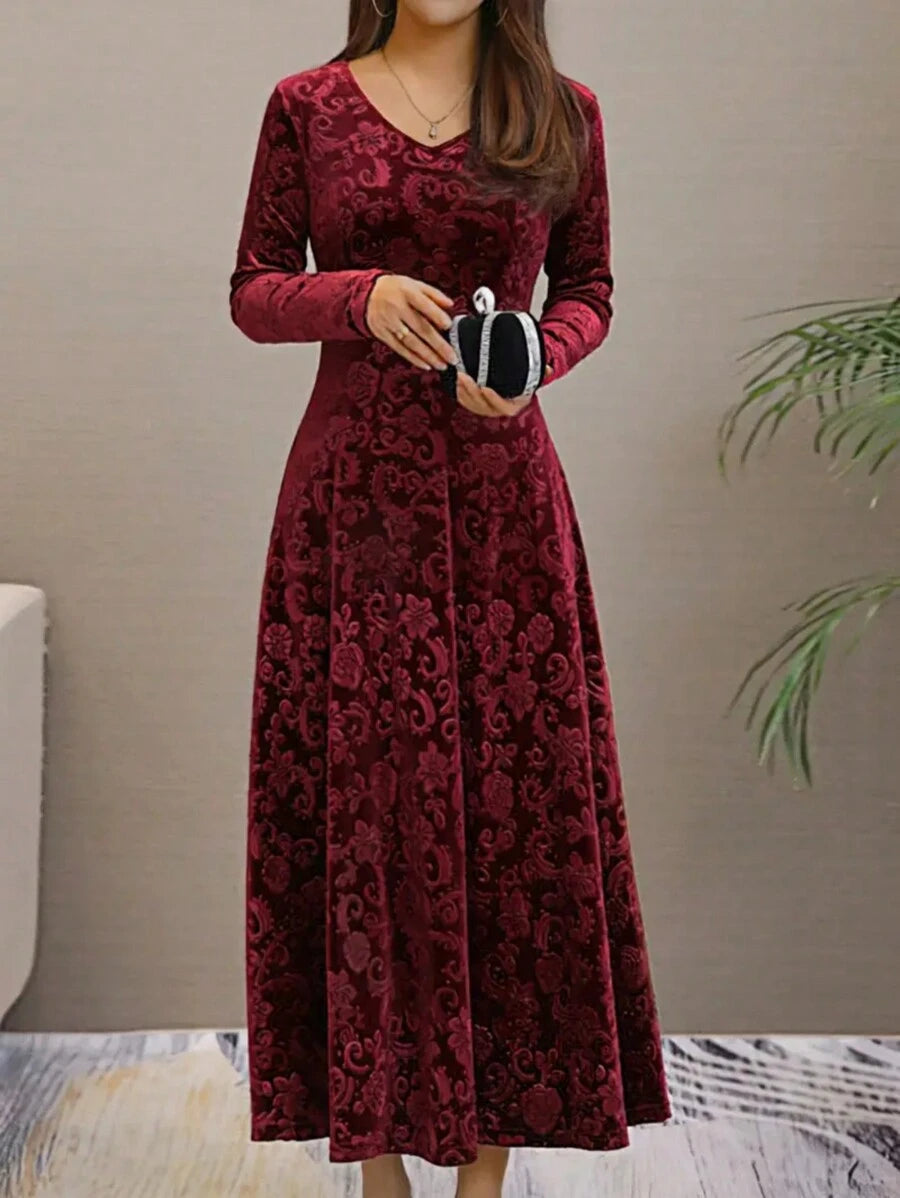 Istanbul Floral Velvet Square Neck A Line Midi Dress