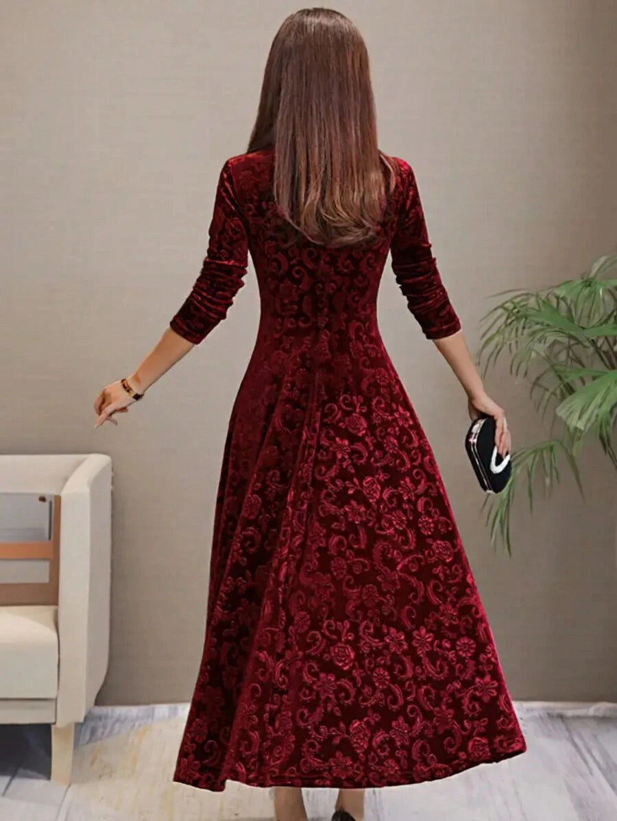 Istanbul Floral Velvet Square Neck A Line Midi Dress
