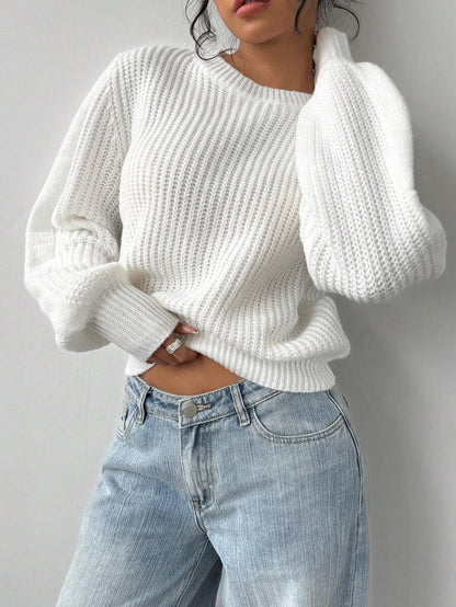 Aurelia Chunky Waffle Knit Crew Neck Relaxed Sweater - White