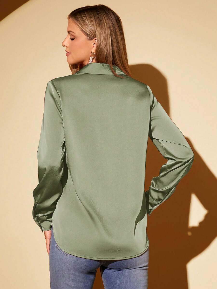 Women's Satin Collared Long Sleeve Shirt, Lapel Silky Blouse for Work and Evening - Red