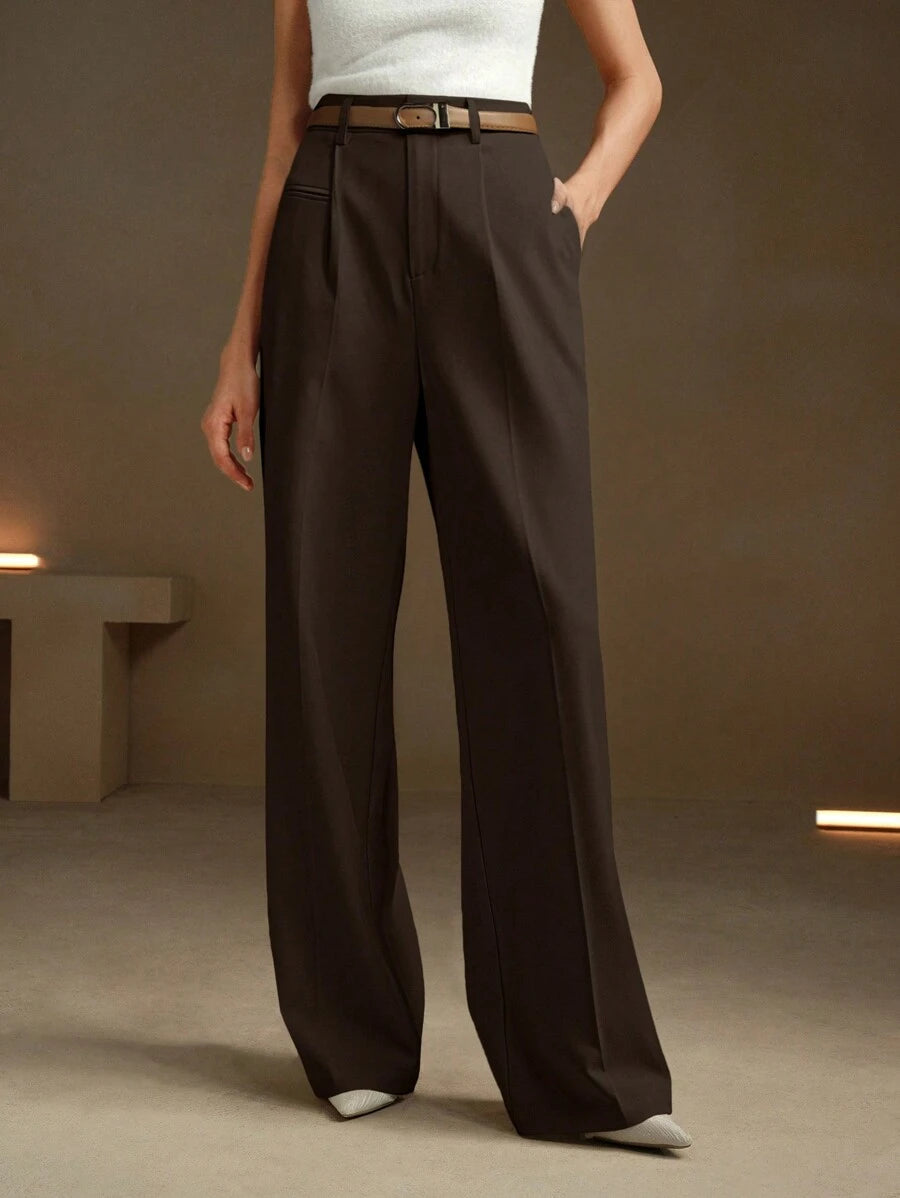 Women's Belted Straight Leg Suit Trousers, Stretch Dress Pants for Work Office - Grey