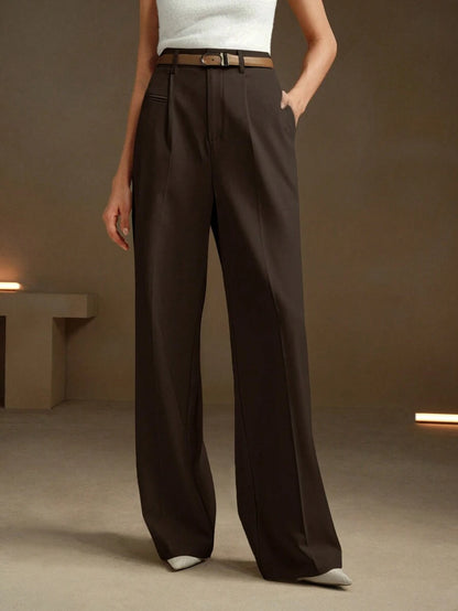 Women's Belted Straight Leg Suit Trousers, Stretch Dress Pants for Work Office - Grey