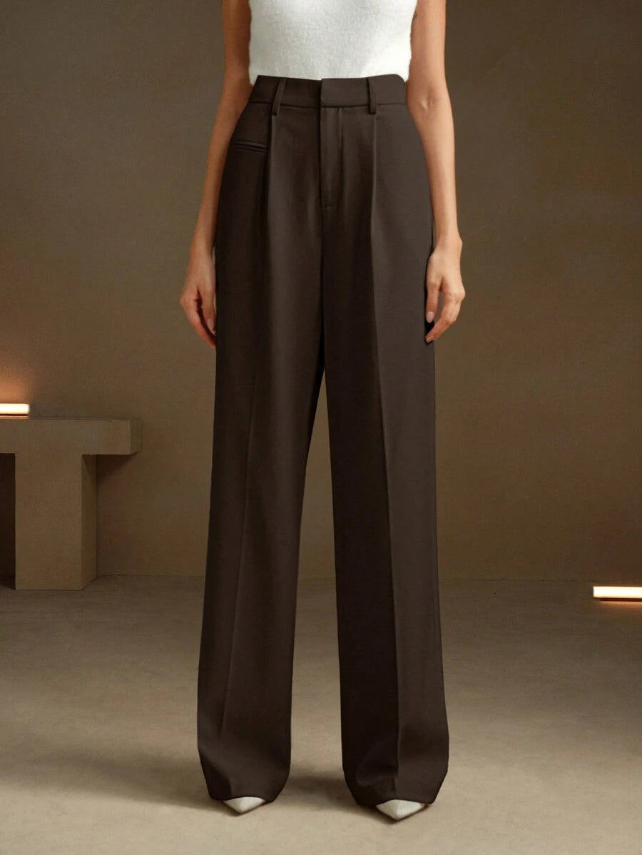 Women's Belted Straight Leg Suit Trousers, Stretch Dress Pants for Work Office - Khaki