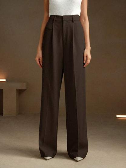 Women's Belted Straight Leg Suit Trousers, Stretch Dress Pants for Work Office - Khaki