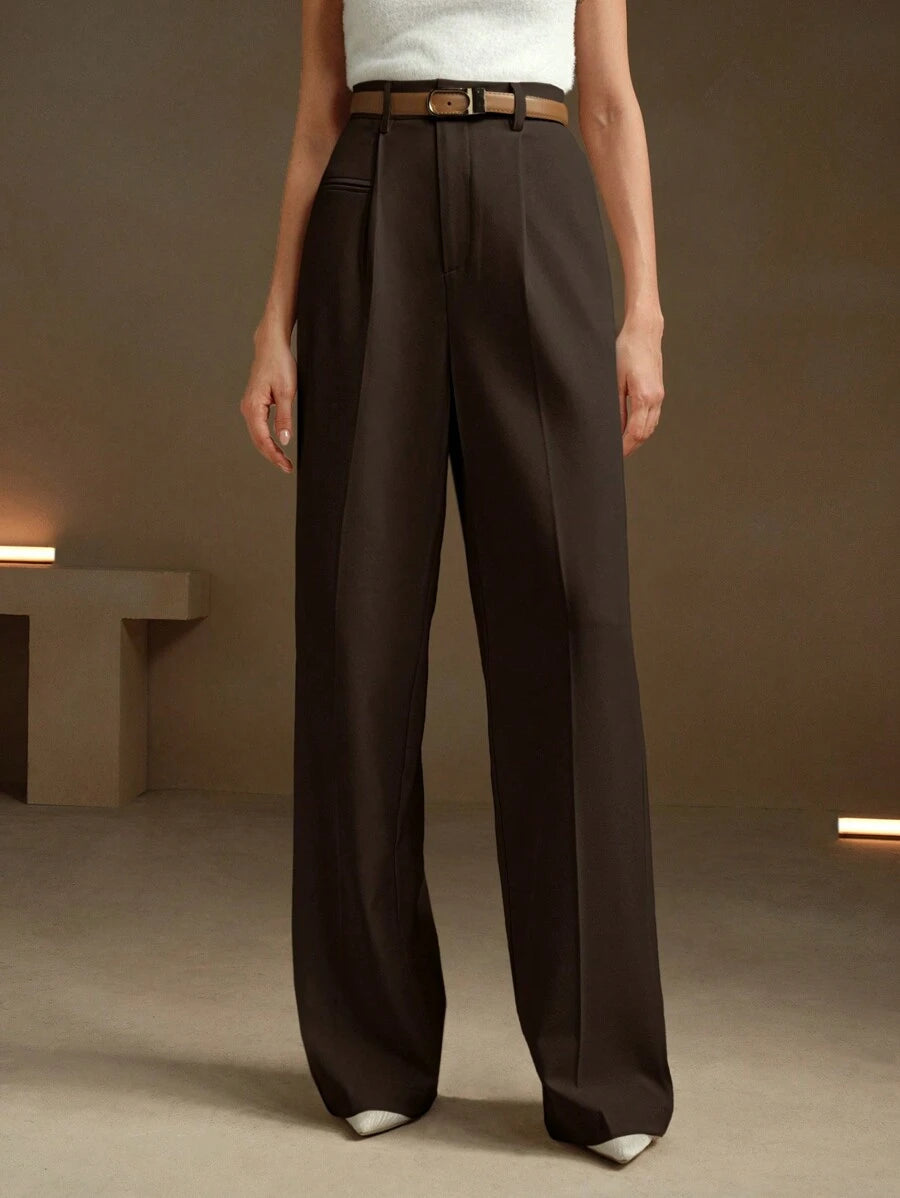 Women's Belted Straight Leg Suit Trousers, Stretch Dress Pants for Work Office - Apricot