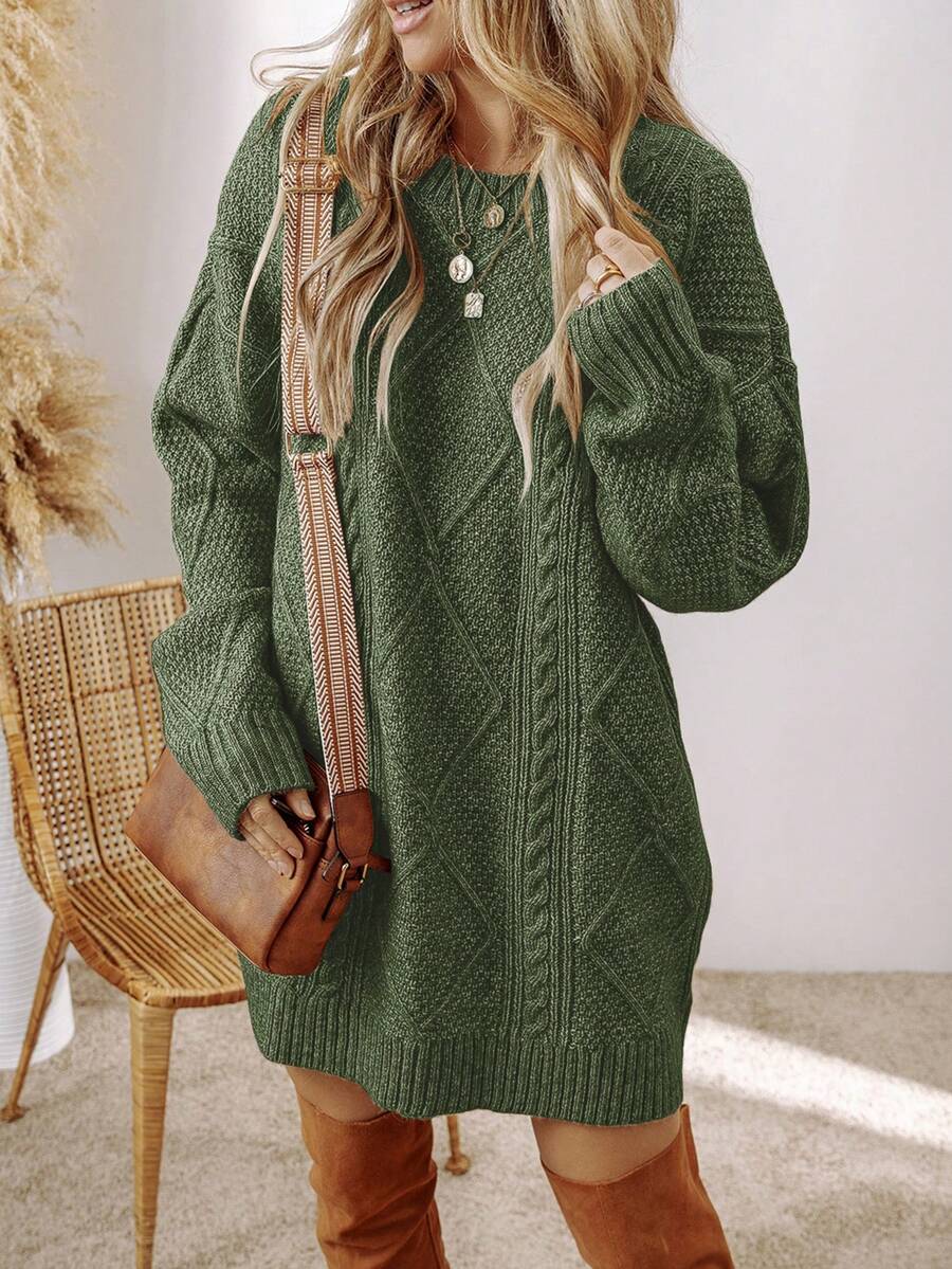 Alina Oversized Cable Knit Sweater Dress - Apricot