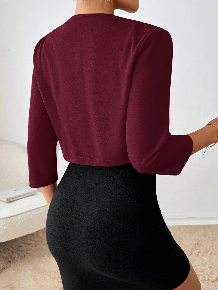 Philomena Pleated Neckline Open Front Cropped Knit Blazer - Burgundy