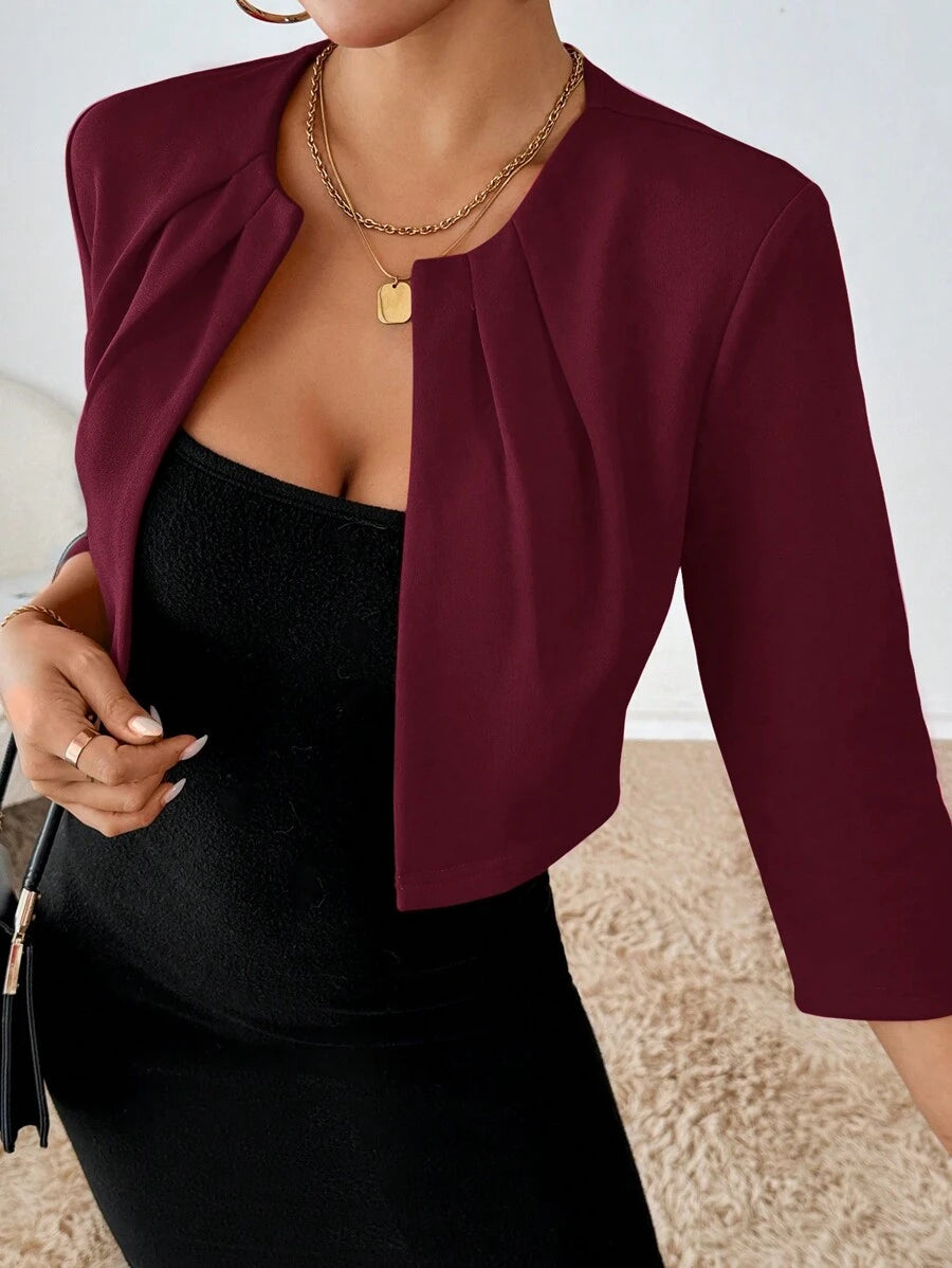 Philomena Pleated Neckline Open Front Cropped Knit Blazer - Burgundy
