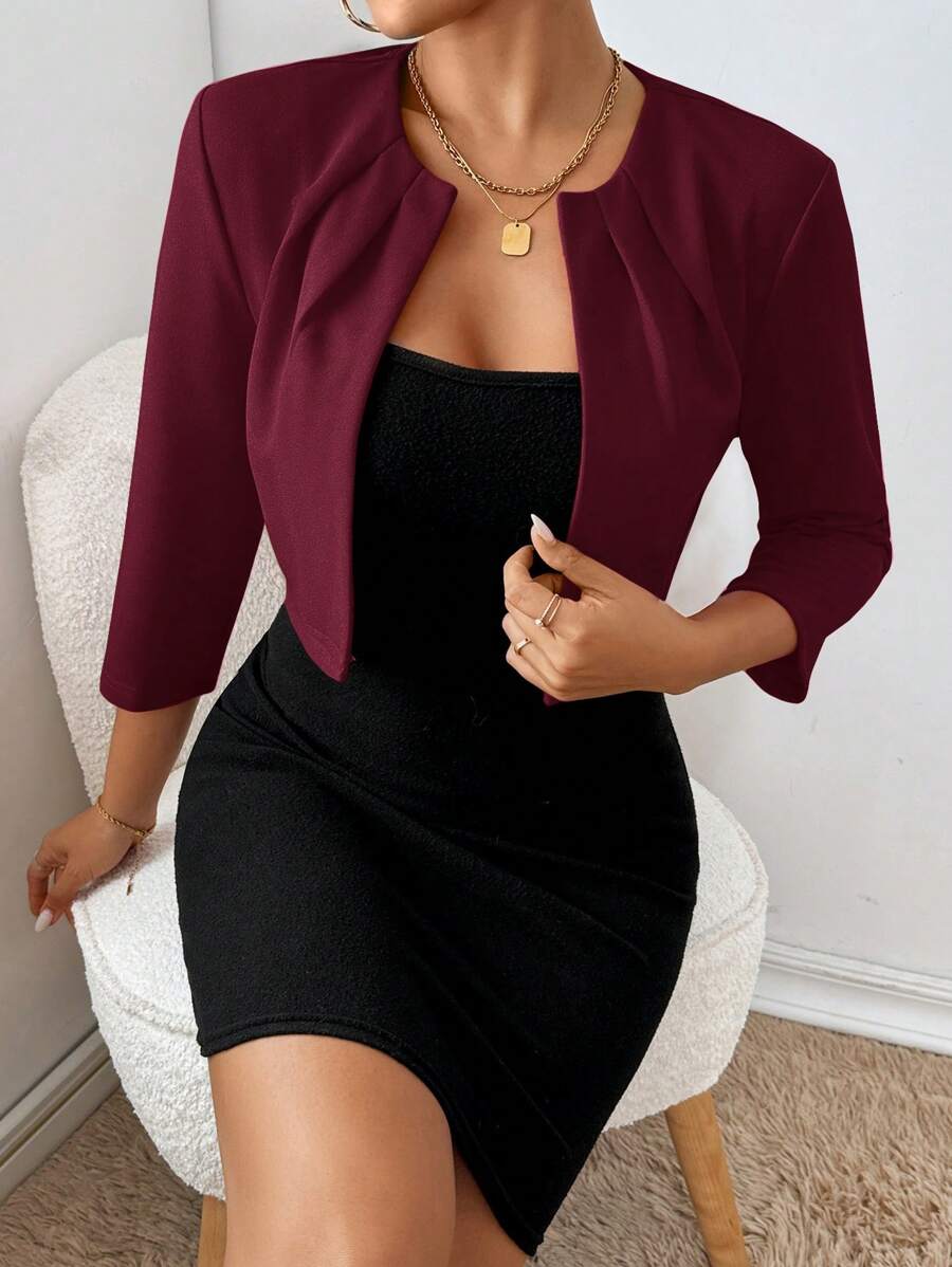 Philomena Pleated Neckline Open Front Cropped Knit Blazer - Burgundy