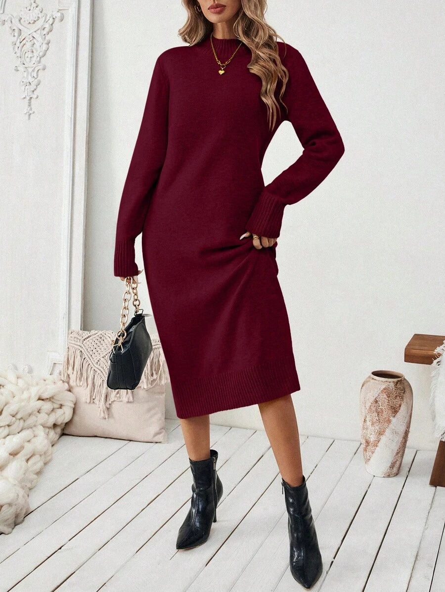 Severine Stand Collar Midi Sweater Dress with Side Split - Burgundy