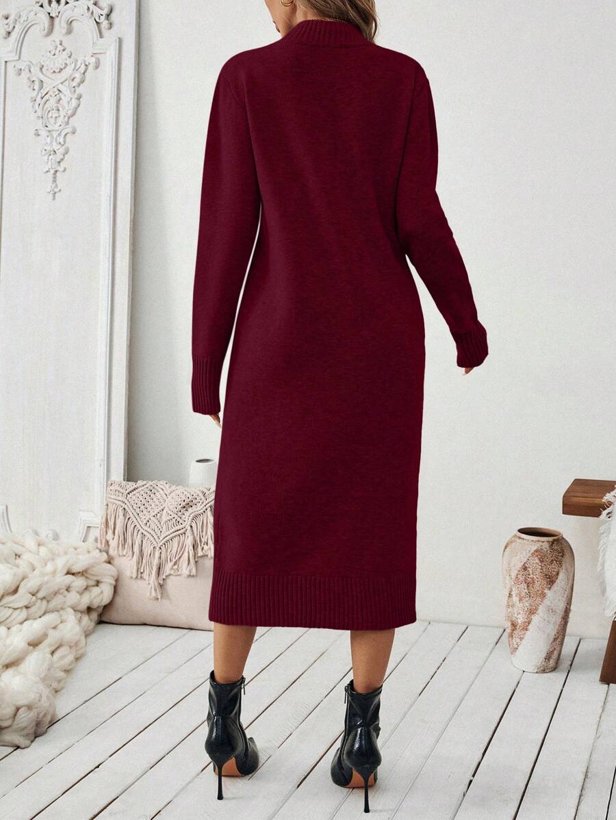 Severine Stand Collar Midi Sweater Dress with Side Split - Coffee Brown