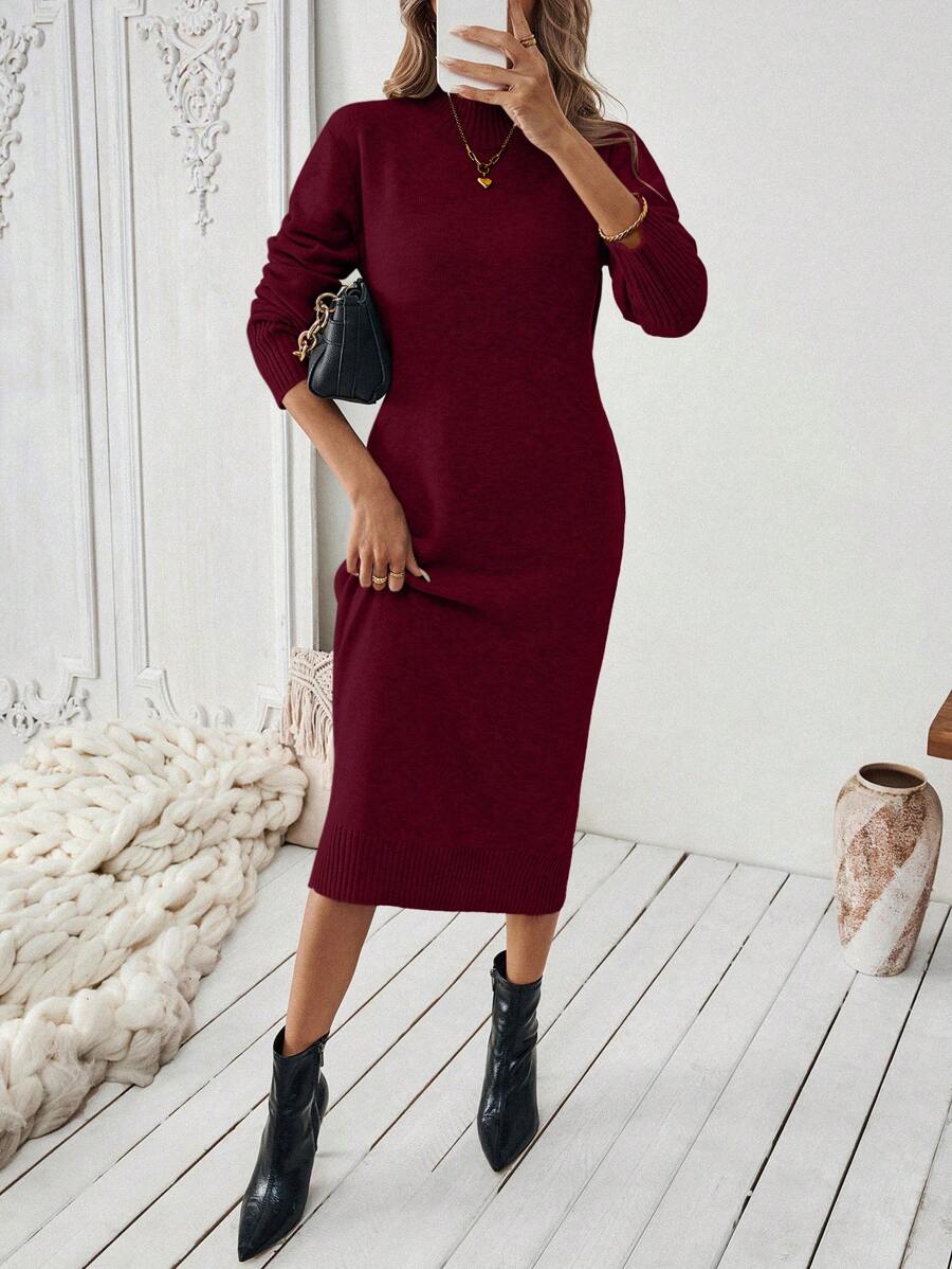 Severine Stand Collar Midi Sweater Dress with Side Split - Black
