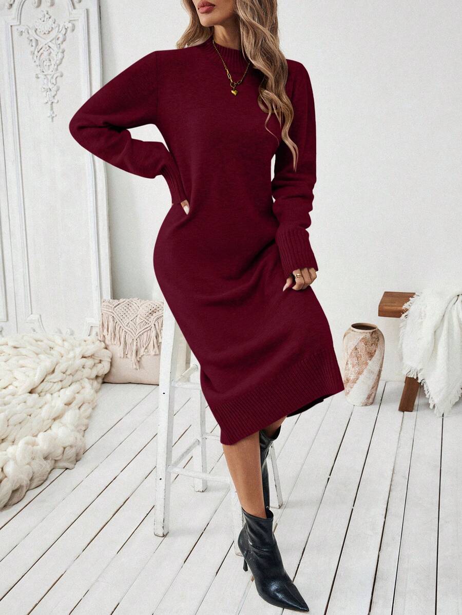 Severine Stand Collar Midi Sweater Dress with Side Split - Burgundy