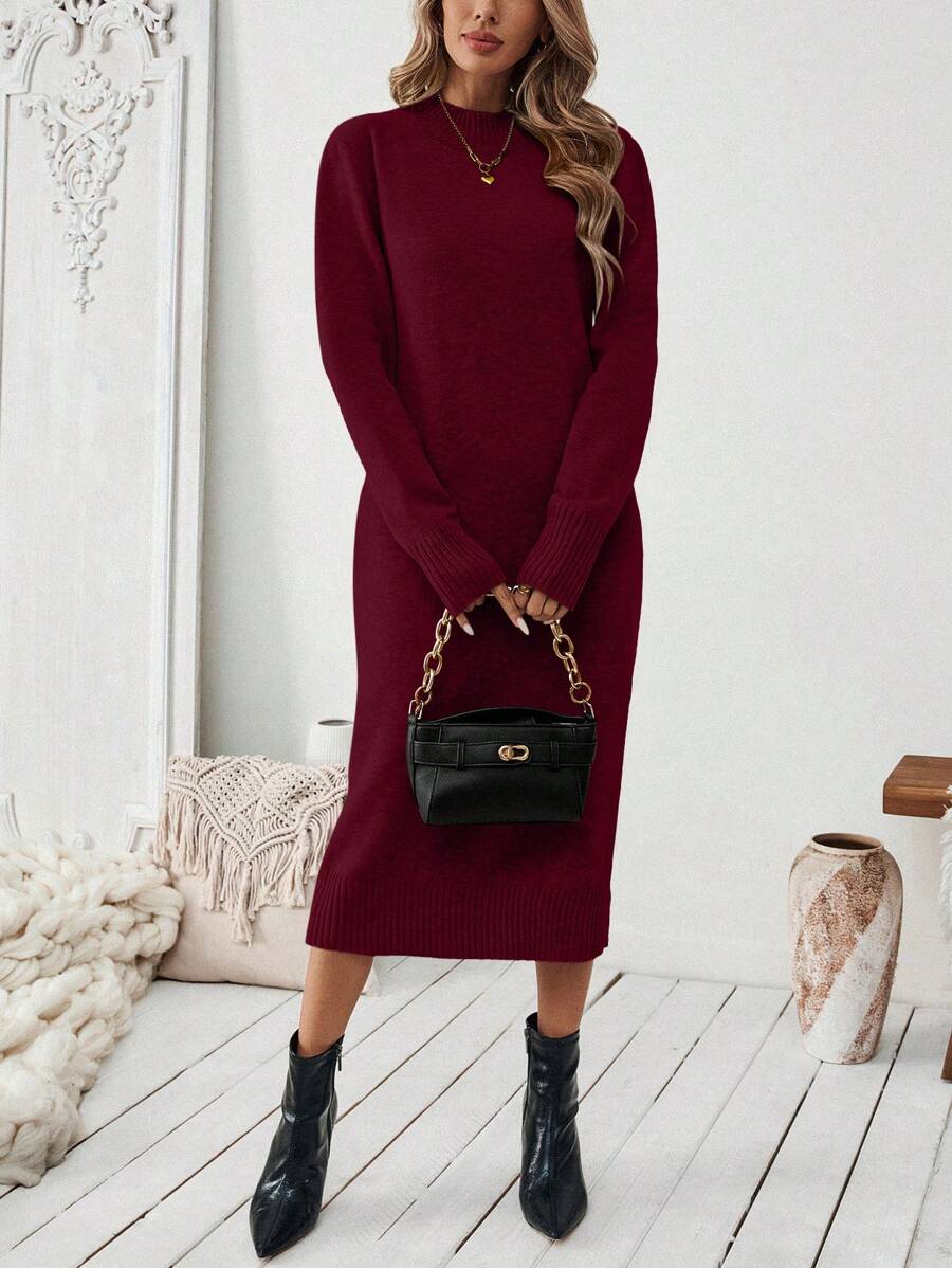 Severine Stand Collar Midi Sweater Dress with Side Split - Khaki