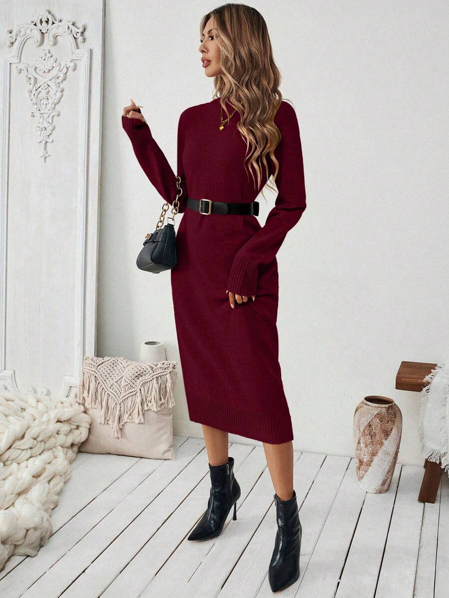 Severine Stand Collar Midi Sweater Dress with Side Split - Dark Grey
