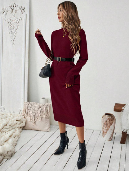 Severine Stand Collar Midi Sweater Dress with Side Split - Dark Grey