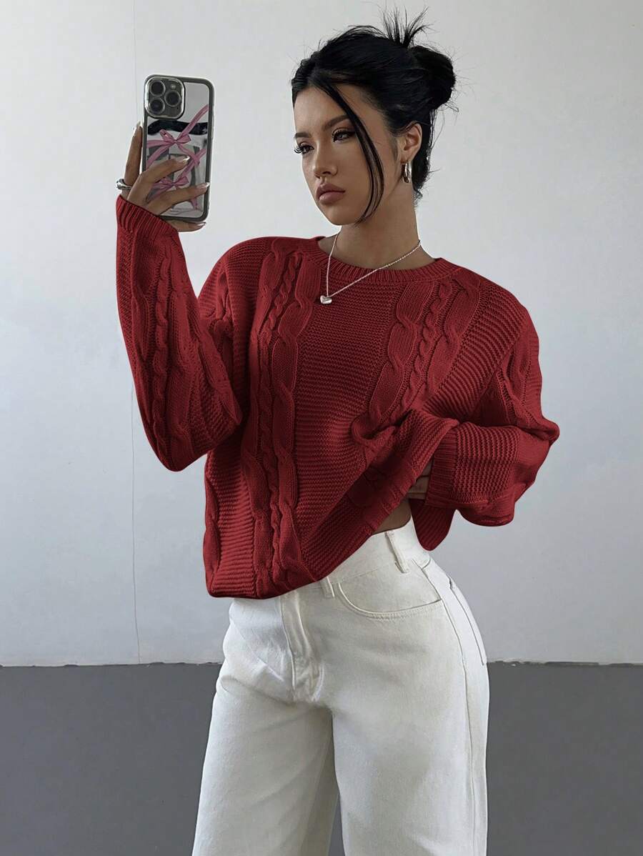 Noemi Relaxed Crew Neck Cable Knit Sweater with Drop Shoulders - Red