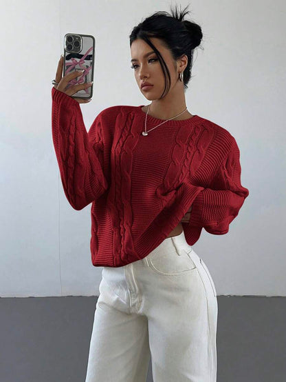 Noemi Relaxed Crew Neck Cable Knit Sweater with Drop Shoulders - Red