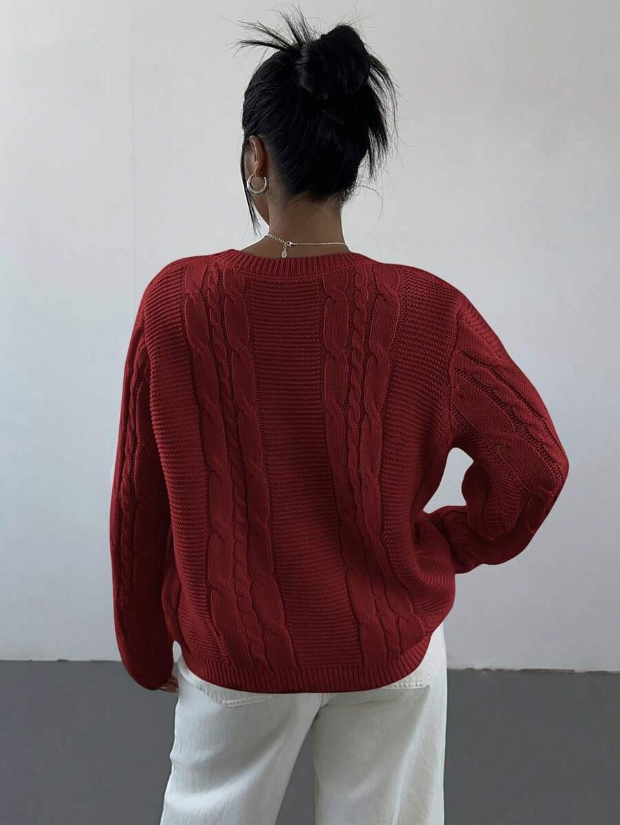 Noemi Relaxed Crew Neck Cable Knit Sweater with Drop Shoulders - Red