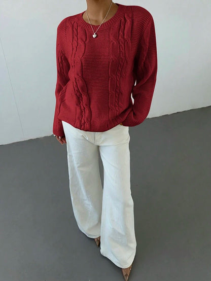 Noemi Relaxed Crew Neck Cable Knit Sweater with Drop Shoulders - Red