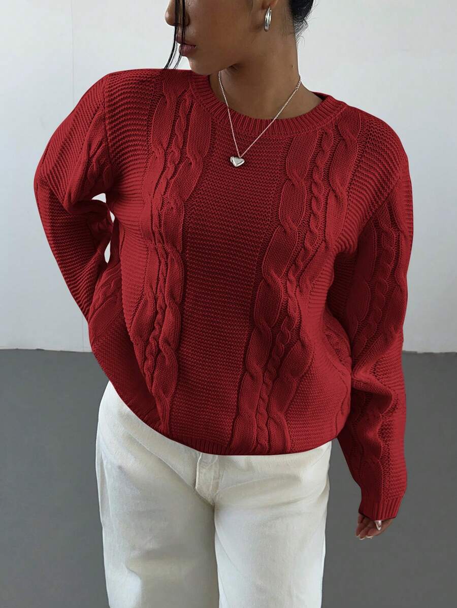 Noemi Relaxed Crew Neck Cable Knit Sweater with Drop Shoulders - Red
