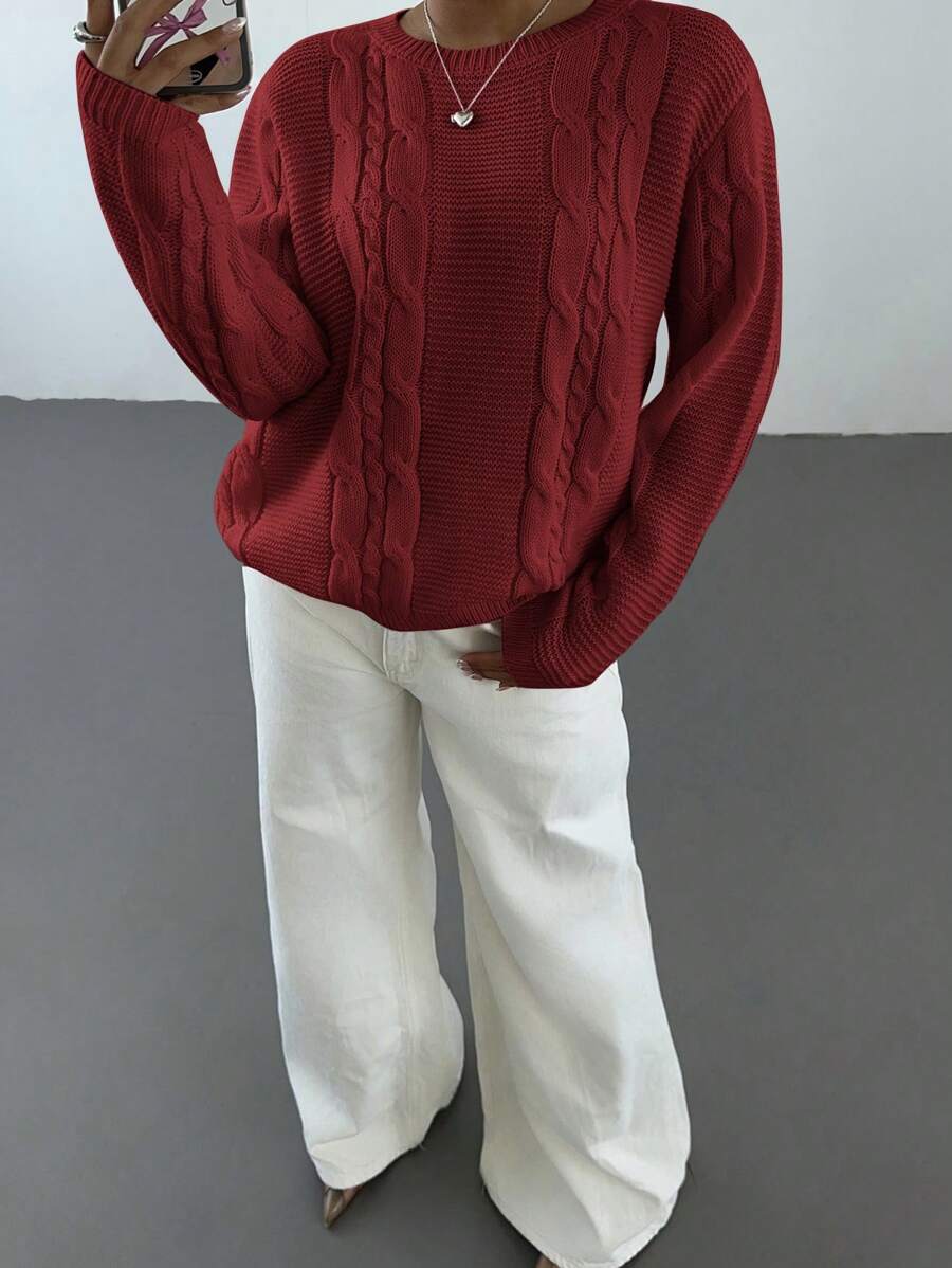 Noemi Relaxed Crew Neck Cable Knit Sweater with Drop Shoulders - Red
