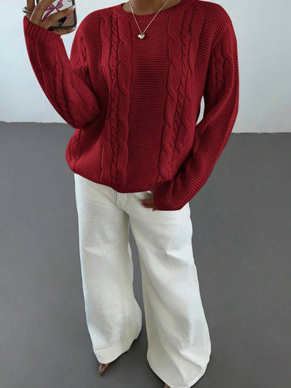 Noemi Relaxed Crew Neck Cable Knit Sweater with Drop Shoulders - Red