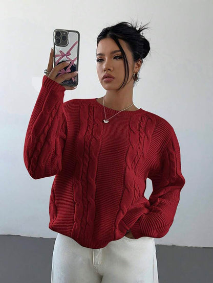 Noemi Relaxed Crew Neck Cable Knit Sweater with Drop Shoulders - Red
