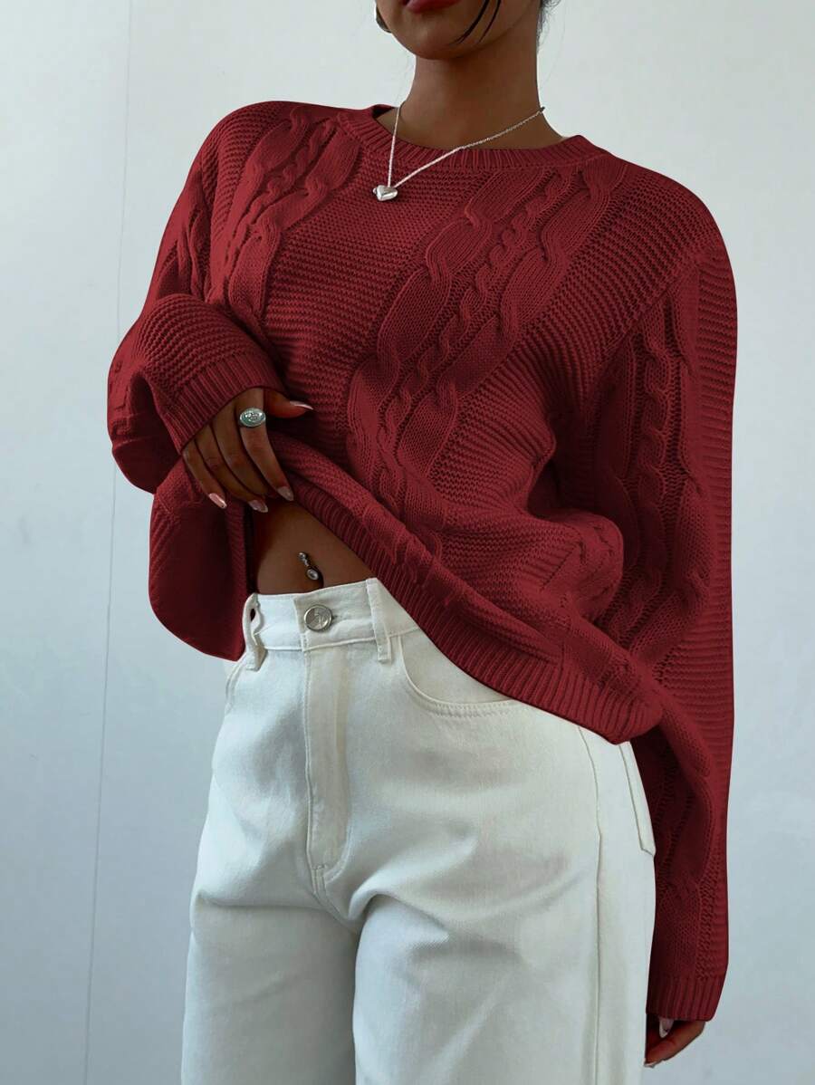 Noemi Relaxed Crew Neck Cable Knit Sweater with Drop Shoulders - Red