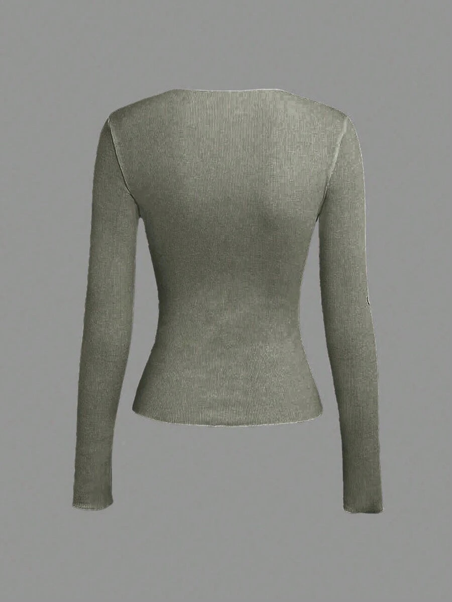Evelina Seam Detail Ribbed Slim Fit Long Sleeve Knit Top - Sage Green
