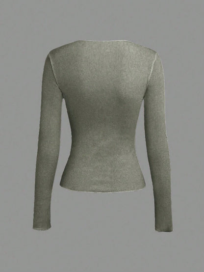 Evelina Seam Detail Ribbed Slim Fit Long Sleeve Knit Top - Sage Green