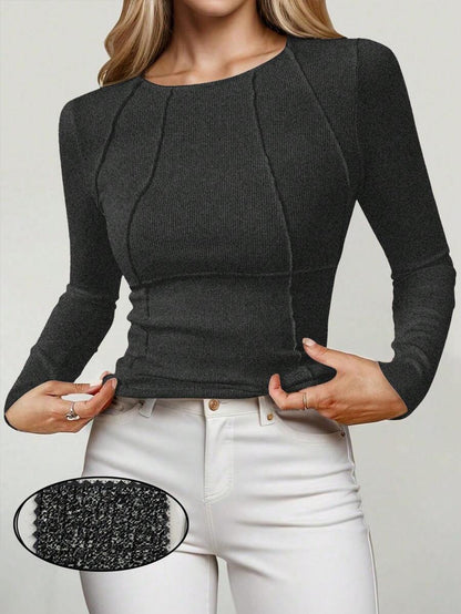 Evelina Seam Detail Ribbed Slim Fit Long Sleeve Knit Top - Charcoal Grey