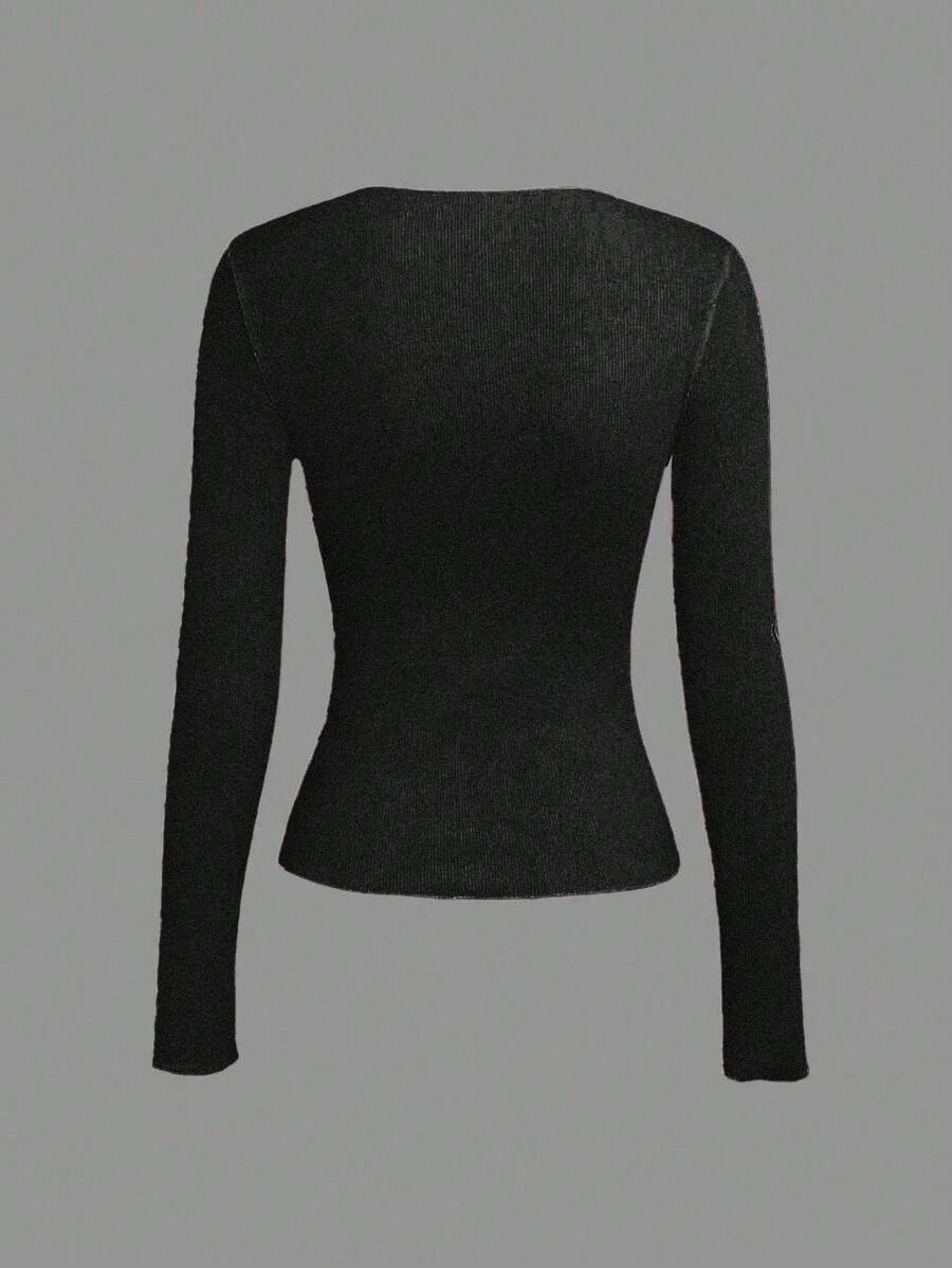 Evelina Seam Detail Ribbed Slim Fit Long Sleeve Knit Top - Charcoal Grey