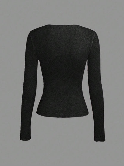 Evelina Seam Detail Ribbed Slim Fit Long Sleeve Knit Top - Charcoal Grey
