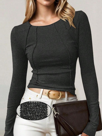 Evelina Seam Detail Ribbed Slim Fit Long Sleeve Knit Top - Charcoal Grey
