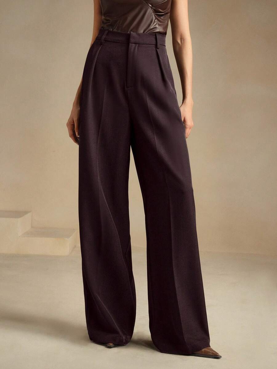 Tatiana Pleated High Waist Wide Leg Trousers with Pockets - Blue