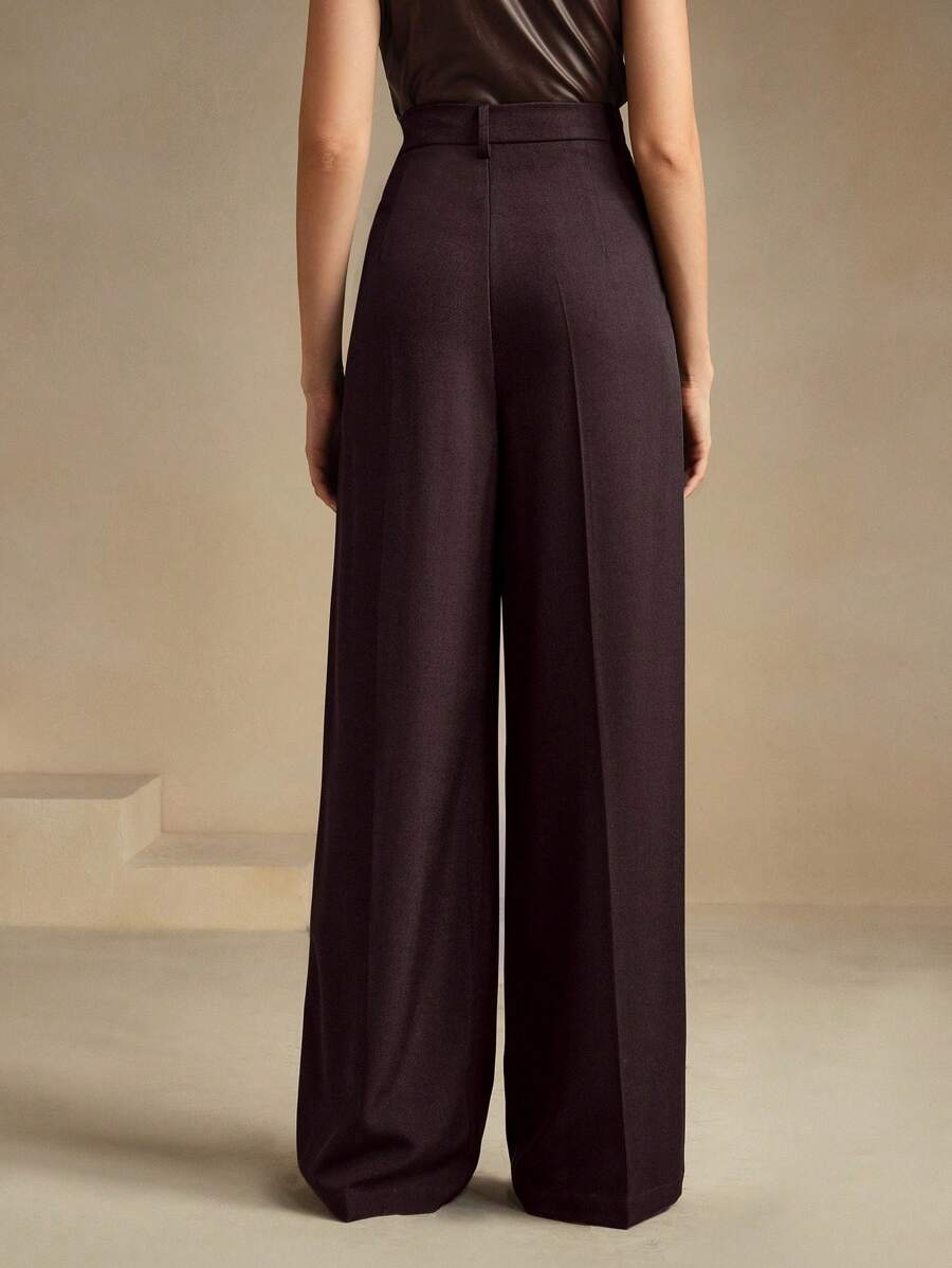 Tatiana Pleated High Waist Wide Leg Trousers with Pockets - Burgundy
