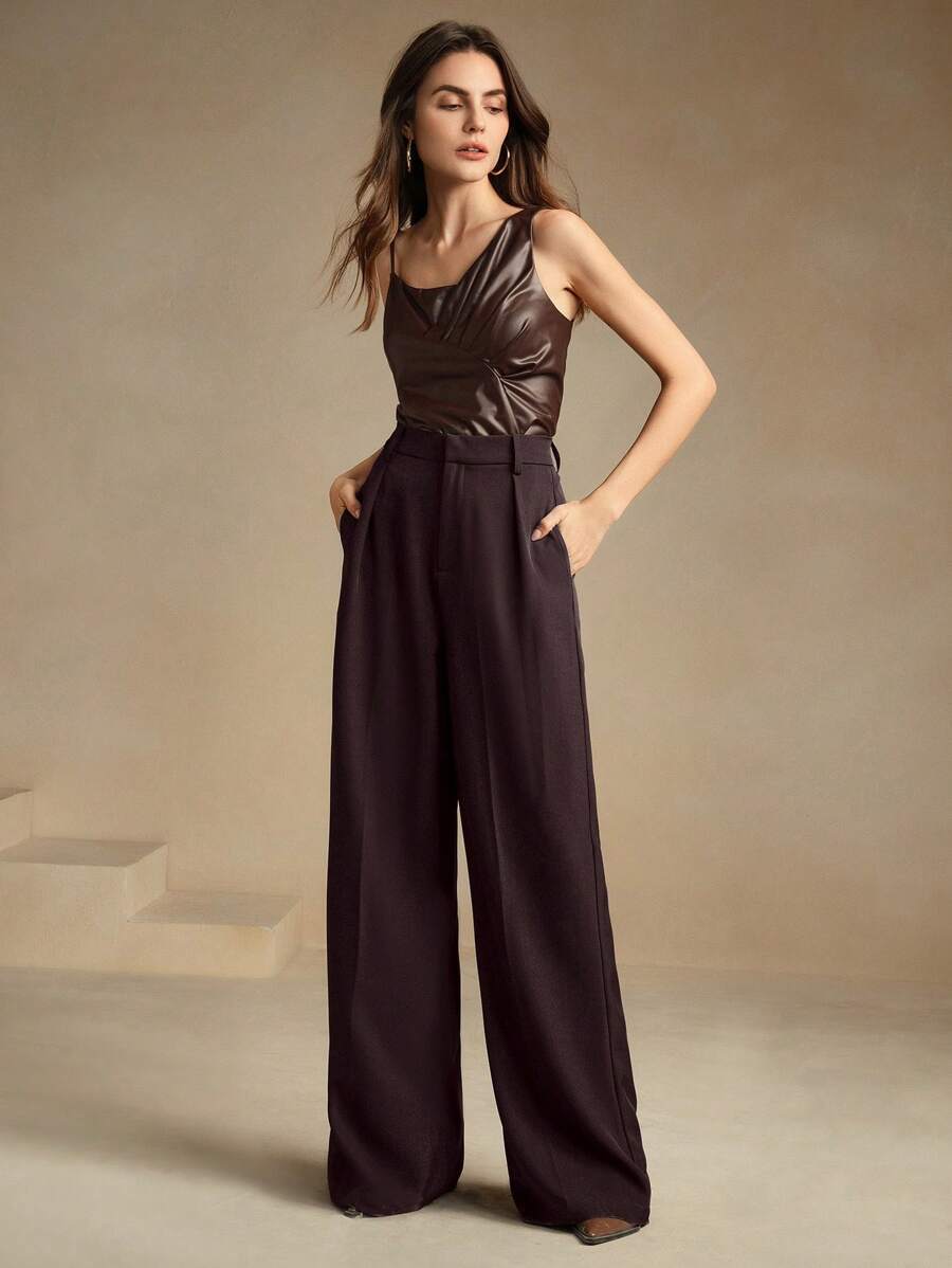 Tatiana Pleated High Waist Wide Leg Trousers with Pockets - Camel