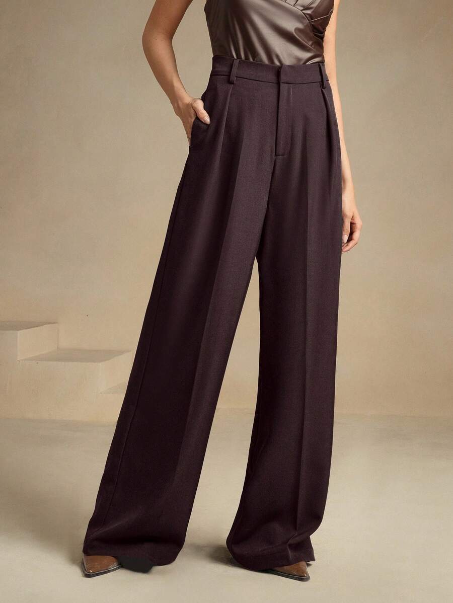 Tatiana Pleated High Waist Wide Leg Trousers with Pockets - Grey