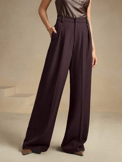 Tatiana Pleated High Waist Wide Leg Trousers with Pockets - Grey