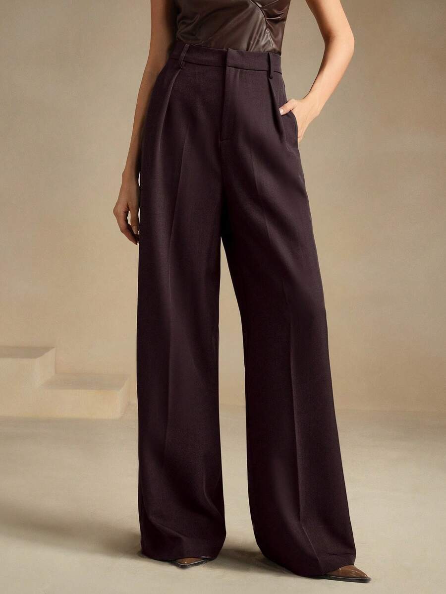 Tatiana Pleated High Waist Wide Leg Trousers with Pockets - Khaki